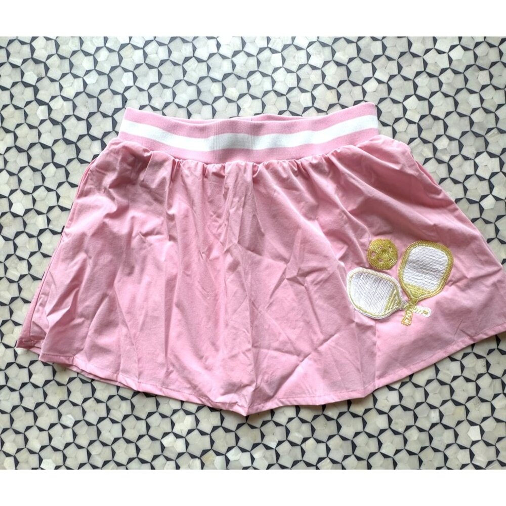 Queen Of Sparkles Pink Pickleball Skirt With Sequined Paddle Design & Built-In S